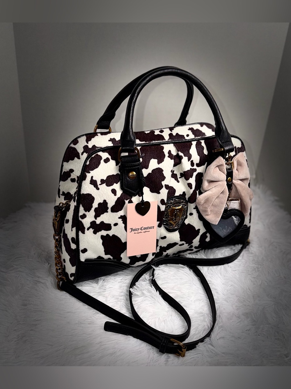 Juicy Couture Black & White Cow Print Satchel with Pink Bow Charm